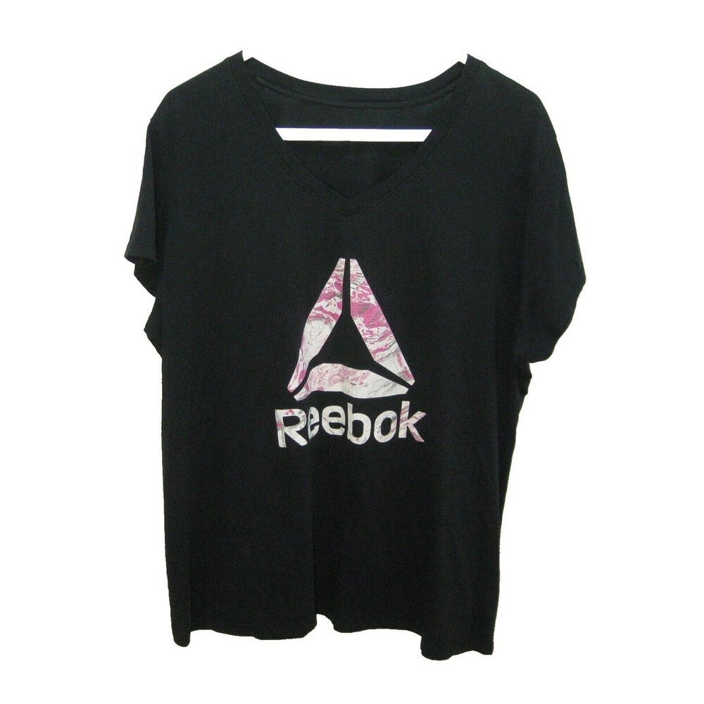 REEBOK Women's (Size 2X) Black Short Sleeve Spellout Graphic Logo T-Shirt Top